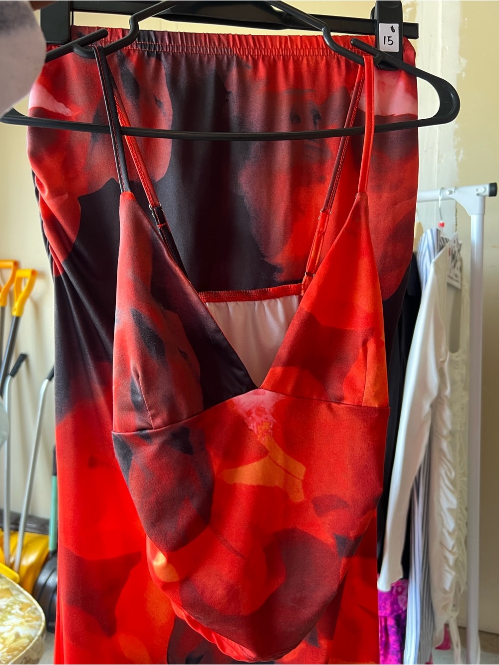 SHEIN Red and Black Floral Satin Skirt Set